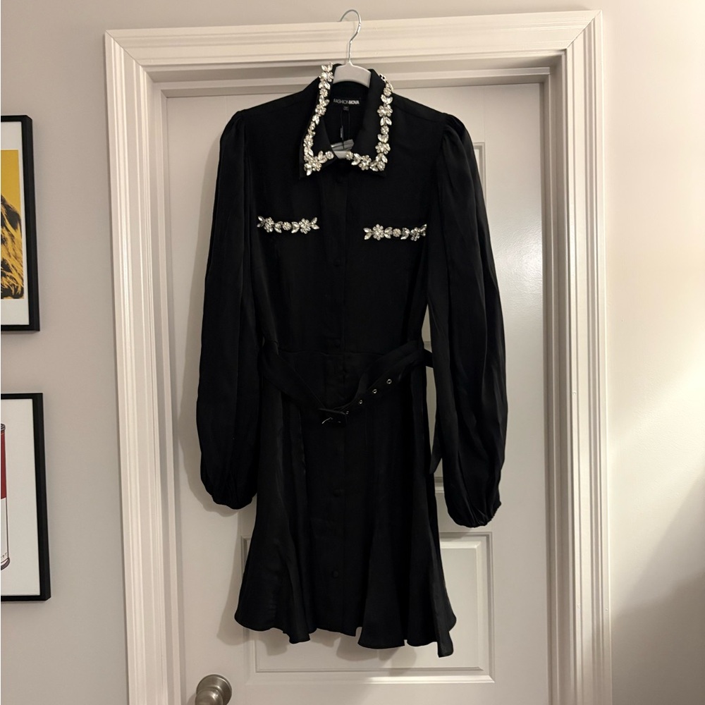 NWT Black Jeweled-Collar Long-Sleeve Mini Dress